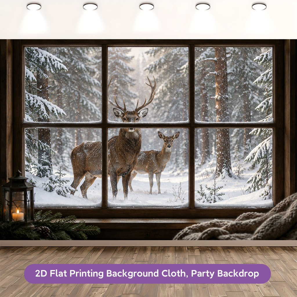2D Flat Deer Standing Outside Window Photography Backdrop